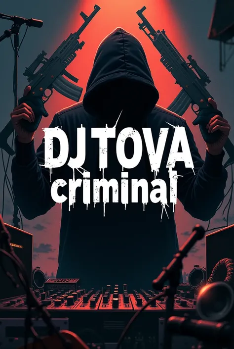 I would like an image that says "DJTOVA criminal" with a background of music and guns 