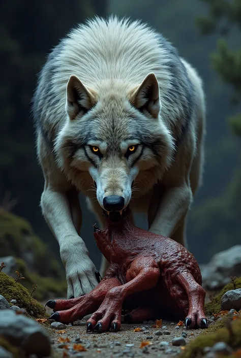 A wolf eating 
