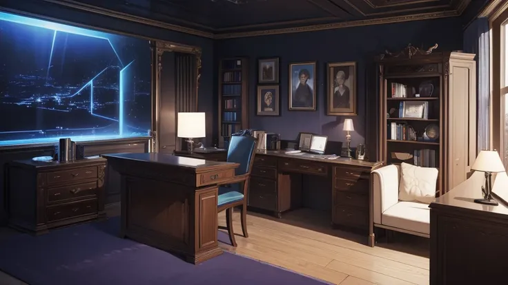 A sophisticated space-inspired home office, presented in a deep purple and blue color palette, contrasting with dark wood paneling on the walls. the lighting is dramatic, with volumetric lights that create a mysterious and elegant atmosphere. Old details, ...