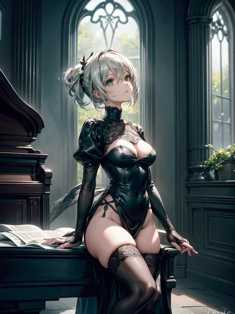 Create an image of 2B from NieR: Automata, seated gracefully at a grand piano, focusing on her detailed facial features. She is wearing her signature black dress with intricate lace detailing and thigh-high boots. Her white hair, slightly tousled, frames h...