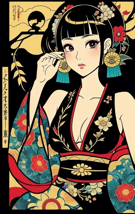 geisha、japanes、ganja、Black background、A Japanese style、Heian period、portlate、