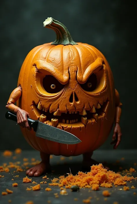 Pumpkin with knife carving a human