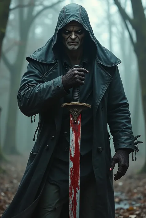 White skinned, Possessed swordsman wearing a black leather cap, black trenchcoat, blood stained gloves and holding a blood stained Odachi