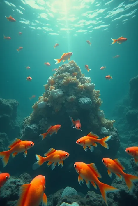 A group of goldfish in the sea watching a pile of garbage