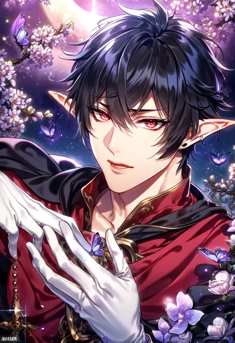 absurdres, highres, ultra detailed, HDR, master piece, best quality, Dantalion, black hair, messy hair, hair parted towards the right side, expressive red eyes, Makai Ouji Devils and Realist, demon, slightly pointy ears, solo, sexy man, handsome, sensual, ...