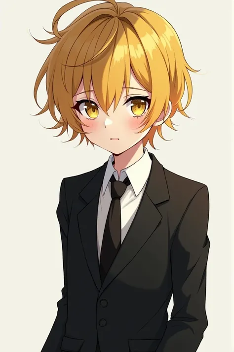 Anime of a yellow-haired boy with black hair and yellow eyes in a black suit and white shirt and black pants in the style of Raine Ames 