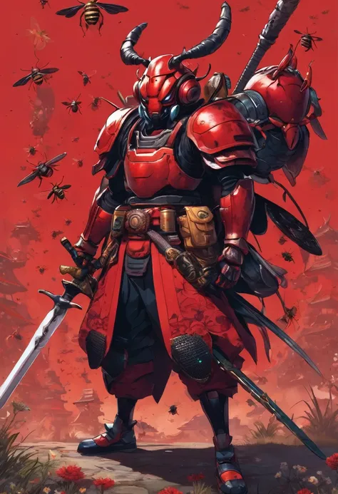 A character holding a large, sword-like weapon with a blade that resembles a beetles horn. He is surrounded by smaller, insect-themed weapons, such as shurikens shaped like bees. The overall aesthetic is a mix of samurai and sci-fi, with a strong emphasis ...