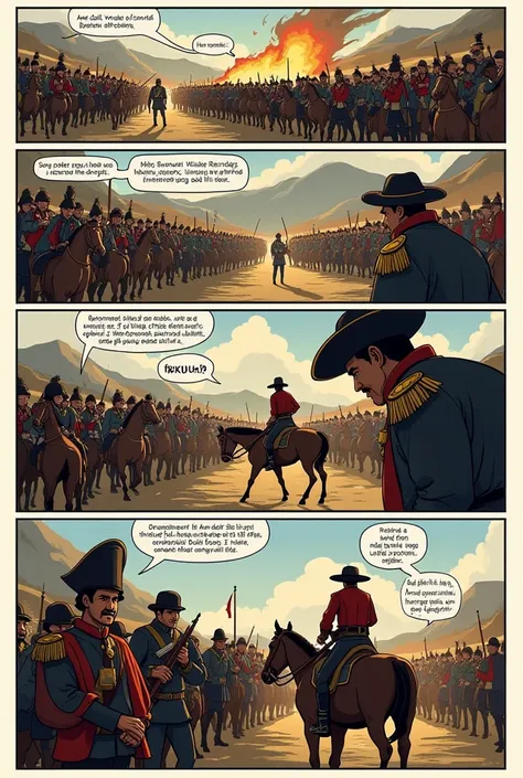 Generate a 6-frame comic strip about the Battle of Boyaca to draw with dialogue followed