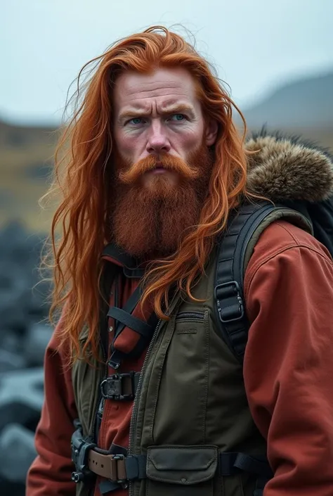 Young man dressed as an Icelandic guide, tall and robust with a strong and resistant physical constitution. With a serious and undisturbed face, maintaining an impassive expression and with long and red hair, reinforcing its Nordic origin and strong presen...