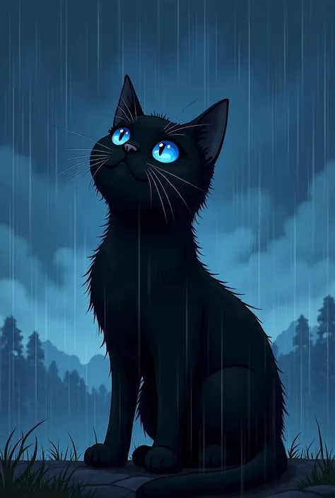 A black cat with blue eyes looking at the sky in the middle of the rain that is a 4-panel comic