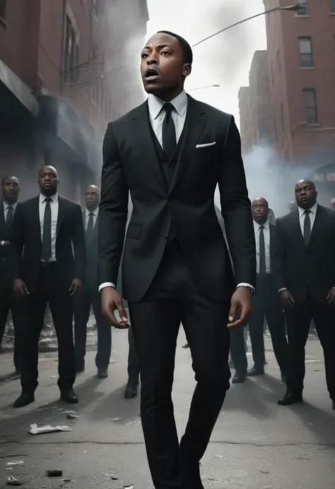 Capture a lean, shawt , diminutive African-American man in a sleek, tailored black suit, standing defiantly at the epicenter of a chaotic urban riot. Hes passionately rapping, his words cutting through the mayhem. Hyper-realistic style: sharp details, dram...