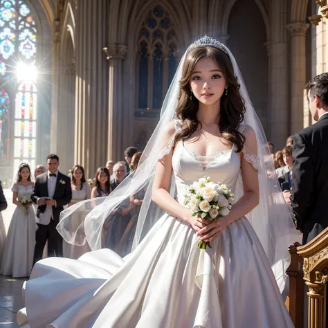 best quality, masterpiece, 1 girl, long hair, A huge laugh, cute teen, shiny lips, sweet, sun glare, Conservative attire, Mini Wedding Dress, Bridal Tiara, depth of field, blurred background, Cathedral Background, light particles, strong wind, head tilt