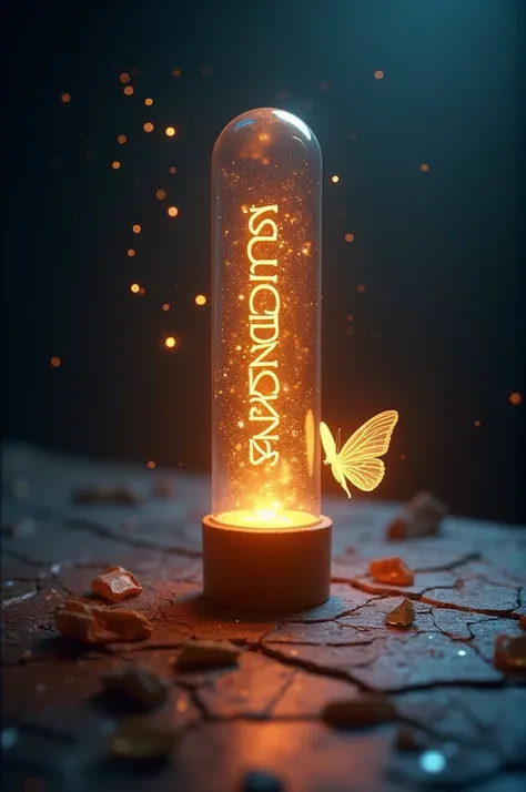 A glowing glass tube with the name ‘SUNDARAM‘ inside, illuminated by a warm golden light. The tube is lying on a textured surface, with a delicate, transparent butterfly hovering nearby. The background is dark, with a spotlight effect creating a mystical a...