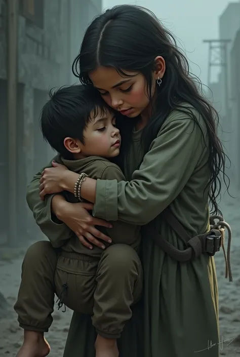 A girl carrying a boy in her arms 