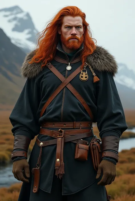 Young man dressed as an Icelandic guide, tall and robust with a strong and resistant physical constitution. With a serious and undisturbed face, maintaining an impassive expression and with long and red hair, reinforcing its Nordic origin and strong presen...