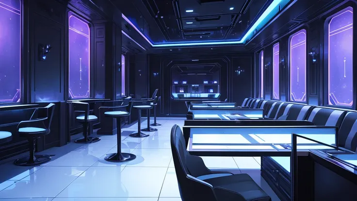 A mafia room in a futuristic spaceship, view from the front, designed for a single person. The room is lit by blue and purple neon lights, with dark metallic walls that reflect the lights, creating an intimate and mysterious atmosphere. At the center, ther...