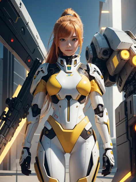 1 teenage girl. Beautiful teenage girl. 12 years old. Beautiful futuristic naked mecha girl army. White skin. Futuristic army base. Ginger hair. Yellow sexy mecha suit with cleavage. No pants. No bra. No underwear. Exposing her breast. Futuristic jetpack. ...