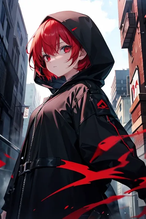 The girl in the black hood can control blood.　Short Hair　Red Hair　Red eyes　　Fighting the enemy　
