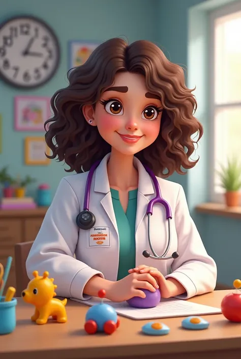 A slightly chubby white woman, brown curly hair, in a lab coat with Physiotherapist written on the side, sitting at a table with children&#39;s toys and a purple stethoscope