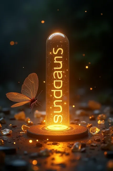 A glowing glass tube with the name ‘sundaram‘ inside, illuminated by a warm golden light. The tube is lying on a textured surface, with a delicate, transparent butterfly hovering nearby. The background is dark, with a spotlight effect creating a mystical a...