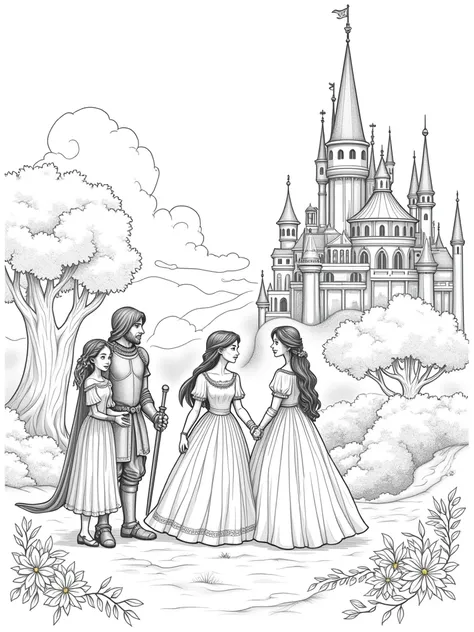 Classic fairy tale scenes in line art, including castles, princesses, dragons, fairies, and knights. The illustrations should capture the magic and wonder of stories like Cinderella, Beauty and the Beast, and Jack and the Beanstalk