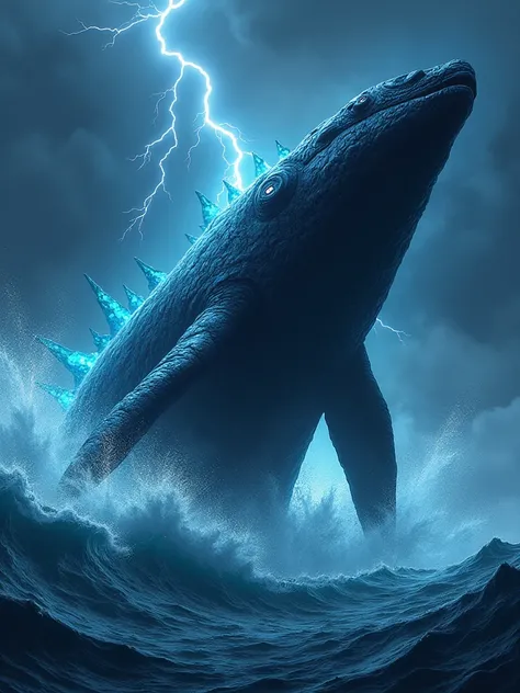 /imagine prompt: An epic anime scene of a massive black whale-like monster, breaching the surface of the deep sea, creating massive waves. The creature has a majestic and fearsome appearance, with glowing accents and a powerful presence, captured from a dy...