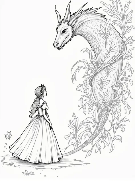 Classic fairy tale scenes in line art, including castles, princesses, dragons, fairies, and knights. The illustrations should capture the magic and wonder of stories like Cinderella, Beauty and the Beast, and Jack and the Beanstalk