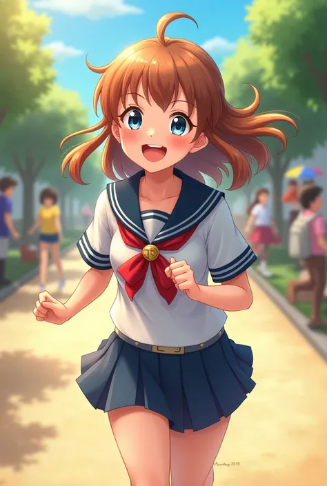 A girl in a sailor uniform is running with a smile, looking back at me.