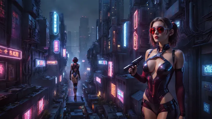 Theres a cyborg woman (8k) wearing a futuristic leotard (best quality), aerial view of a cyberpunk city alley at night, (a real monkey on her shoulder), darksynth aesthetic, red neons, haze, foggy night, ultra detailed, photorealistic, (1girl, solo, alone)...