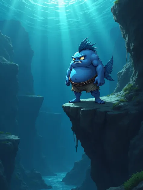 /imagine prompt: An epic anime scene of a chubby fish-boy bully with blue skin, a human-like face, a comb-like crest, and simple tribal clothing, standing on the edge of an underwater cliff, looking down menacingly. The fish-boy has a fierce look and sturd...