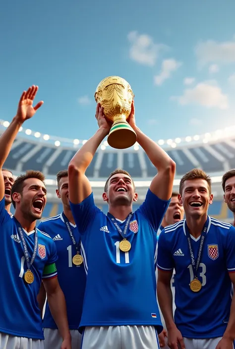 Genera a el equipo de 🇧🇦 en el podio levantando la copa del mundo mientras festejan felizes y que atras diga campeones 2034 y con camisetas azules 