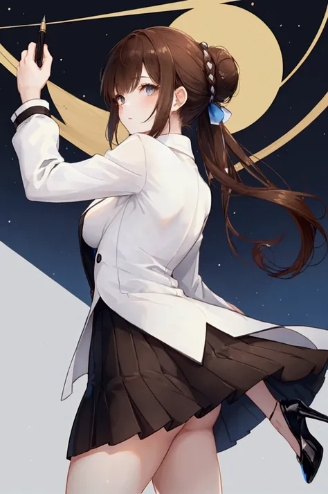 ((1 woman)) ((From behind pose holding a pen)) she has brown hair tied on a bun, bangs, hazel eyes, a white coat, blue shirt, black straight skirt, black high heels