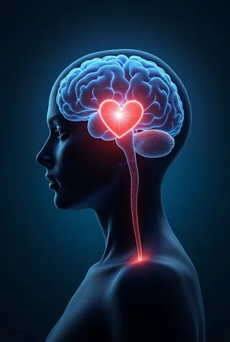 A human figure with its brain illuminated and connected to a glowing heart, symbolizing the connection between intelligence and emotions. light background