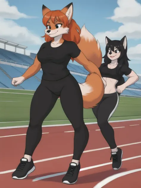 Furry, fox, female, black shirt, black leggings, shoes, running track, friends, full body