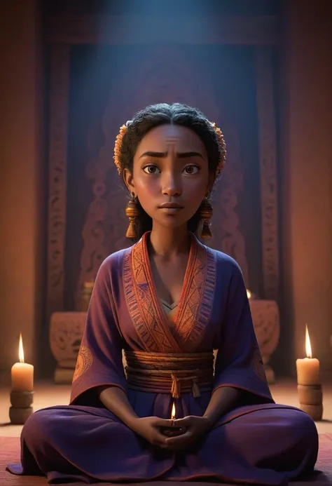 A Pixar-styled ,shawt, meditates serenely in a shadowy chamber, wisps of incense smoke coiling around her vibrant robes. Warm, flickering candlelight bathes the scene, casting dancing shadows on intricate tribal artifacts. Her expression radiates inner pea...