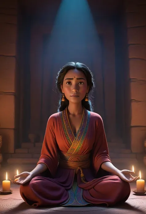 A Pixar-styled ,shawt, meditates serenely in a shadowy chamber, wisps of incense smoke coiling around her vibrant robes. Warm, flickering candlelight bathes the scene, casting dancing shadows on intricate tribal artifacts. Her expression radiates inner pea...