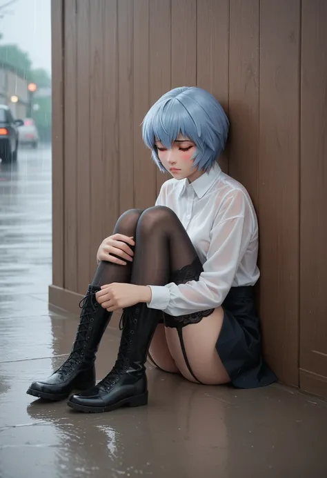 1 girl, Rei Ayanami, under the rain, shy, blush, white long sleeve shirt, braless, transparent, short skirt, garter belt, lace black stockings, long black boots, perfect feet, perfect body, perfect legs, perfect arms, perfect hands, Whole body. sitting on ...