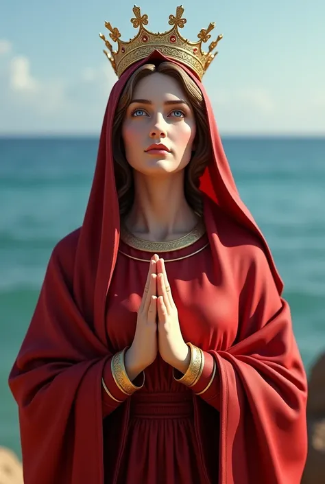 Perfect hand 5 finger, Portrait of a beautiful virgin mary wearing red clothes of crown queen in the sea, virgin mary, real blue eyes, sunny day, intricate details.real virgin mary, straight head face, Straight body.Prayer jesus, perfect full body,  perfec...