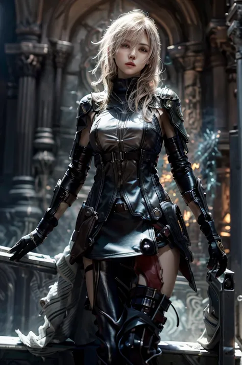 masterpiece, best quality, extremely detailed cg unity 8k wallpaper, final fantasy, lightning, cool woman, black detailed cyberp...