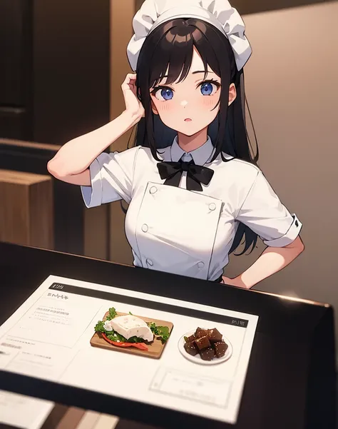 ((1 girl))、((Chef))、White chef&#39;s uniform、Sushi chef making sushi、((Ultra fine)),Highest quality,masterpiece、((Standing posture)),{{solo}},{{whole body}},((Elegant face)),cute,Shoes on your feet,Hands left and right１Book、