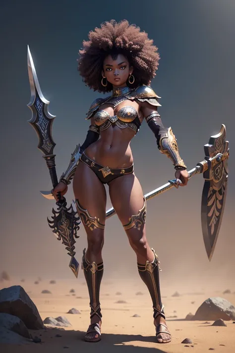 Full body image Sensual dark skinned warrior, Full lips, abundant afro-type hair, toned body with big eyes, small waist wide hips perfect bust wearing tight owl inspired berserker armor with very intricate details, He holds a broadsword in defensive mode w...