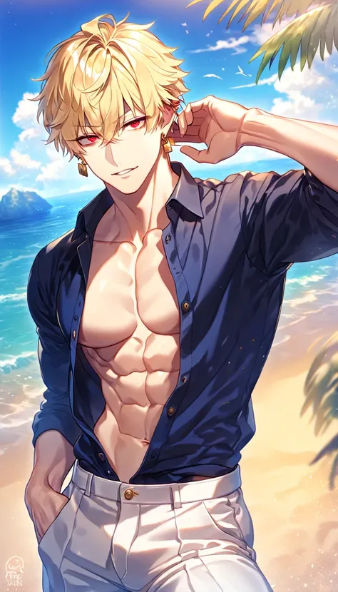 absurdres, highres, ultra detailed, HDR, master piece, best quality, detailed eyes, extremely detailed, delicated features, Gilgamesh, blonde hair, expressive red eyes, Fate Grand Order, solo, sexy man, handsome, manly man, sensual, dark blue shirt, unbutt...