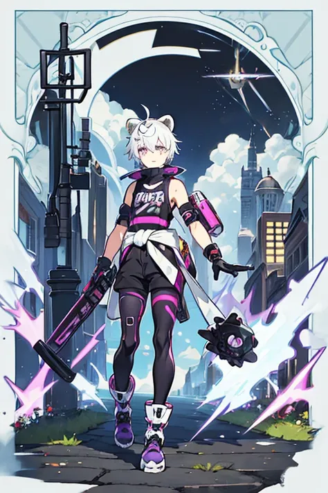 man, gay, short white hair bear ears,purple eyes, motocross goggles , with robotic left arm, black sleeveless shirt, Morados shorts, long tights, with a sweater around my waist, long black gloves, black boots, with a spiked collar