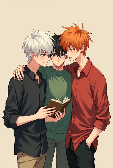 Can you draw a boy with white hair but not that white like creme, he is wearing a black shirt and reading a book, nest to thim is another boy seeing him with a lovely smile, he is tall, with black hair, he is wearing a red shirt with black pants, and the i...