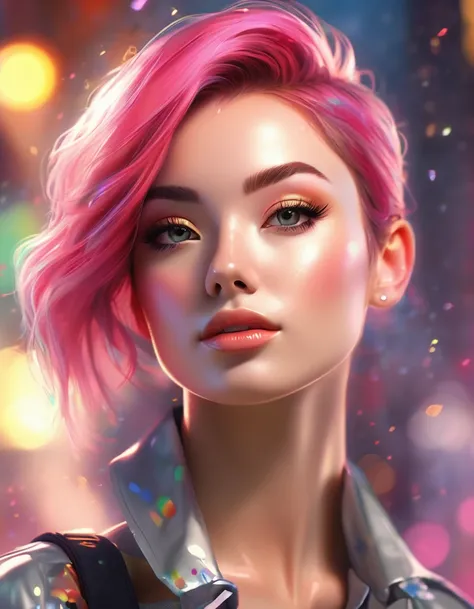 epic realistic close-up portrait of a woman with vibrant pink hair, wearing a gray shirt and set against a blurred gray backgrou...