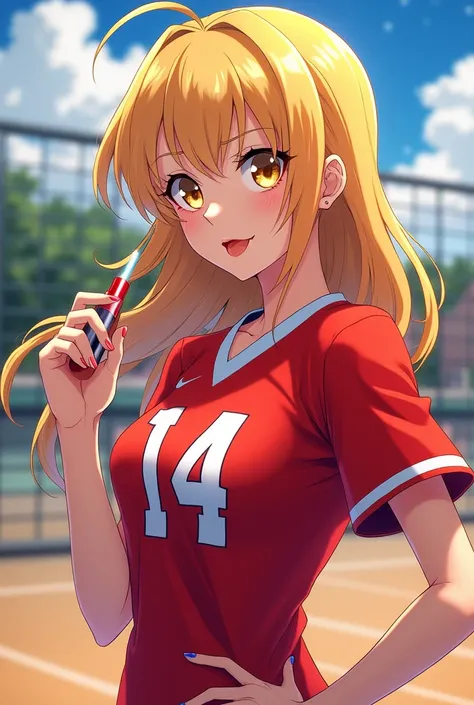 Haikyū style anime girl, blonde with golden eyes, with black and orange Karasuno uniform with number 14, lips painted crimson red and red lipstick in hand