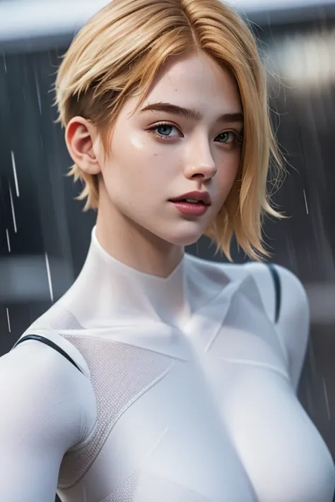 18 yo girl, white spider man suit, short blunt hair, blonde, beautiful face, rain, roof, masterpiece, intricate detail, perfect ...