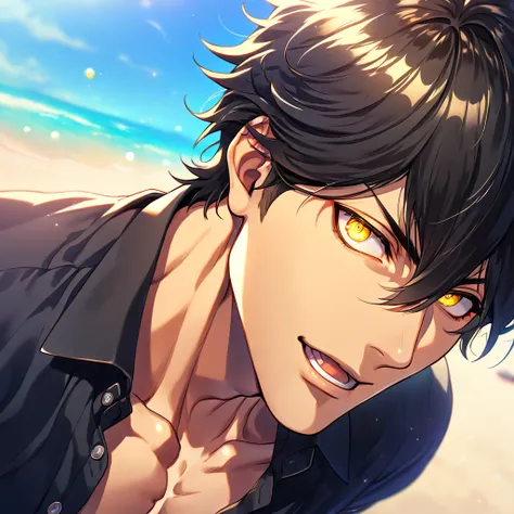 absurdres, highres, ultra detailed, HDR, master piece, best quality, detailed eyes, extremely detailed, delicated features, Ozymandias, black hair, expressive yellow eyes, Fate Grand Order, solo, sexy man, handsome, manly man, sensual, black shirt, unbutto...