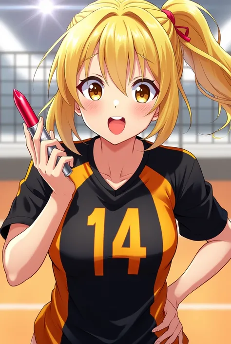 Haikyū style anime girl, blonde with golden eyes, with black and orange uniform of Karasuno with the number 14, crimson red painted lips and red lipstick in hand