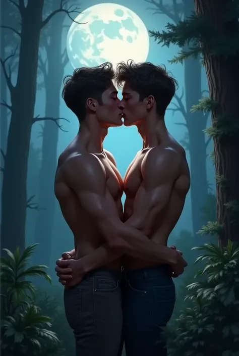 Two young adult gay couple in the woods on a full moon night. Shirtless and kissing. The dominant one skinny and tall and the dominant one shorter. 